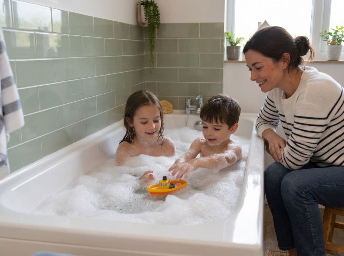 A parent watching two children play in a warm bubble bath