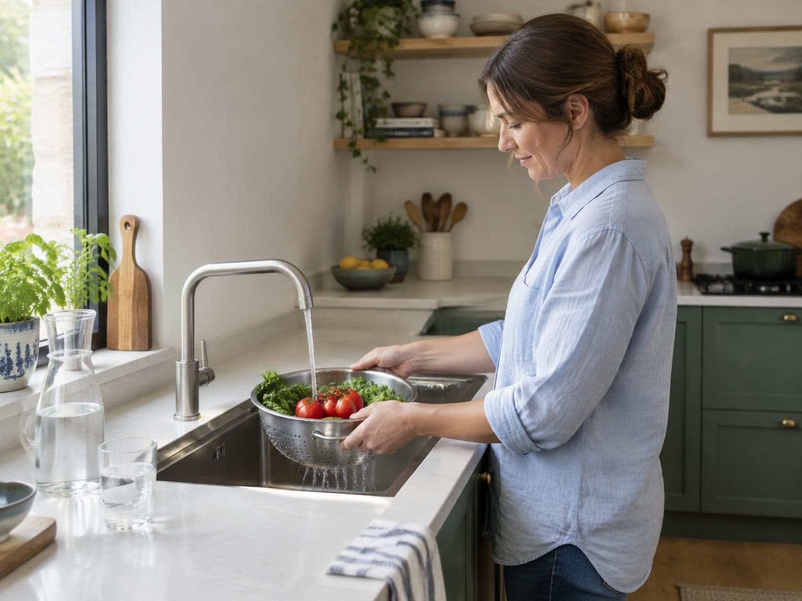 Woman washing fresh vegetables under clean, filtered tap water in a bright kitchen